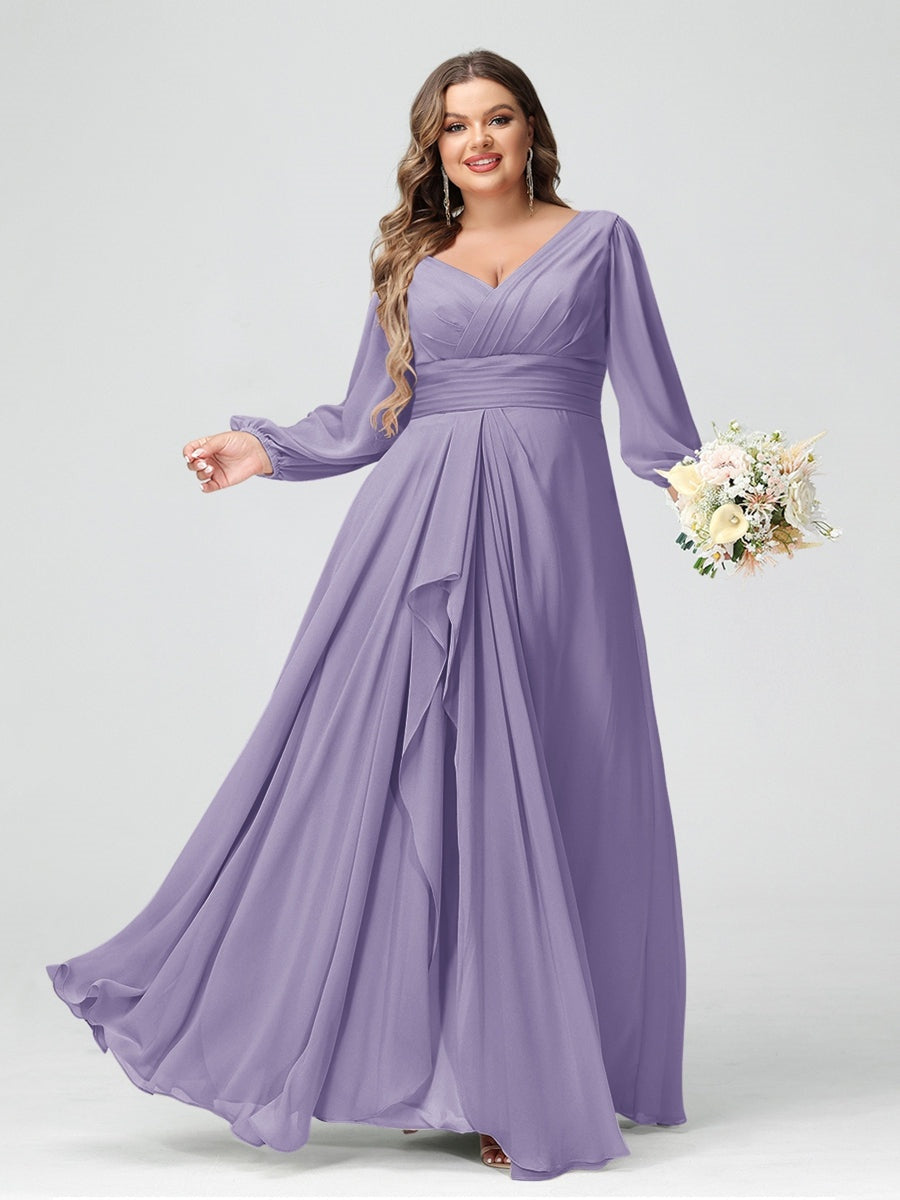 Plus Size Chiffon Bridesmaid Dress with V-Neck, Long Sleeves, and Pockets in A-Line/Princess Style