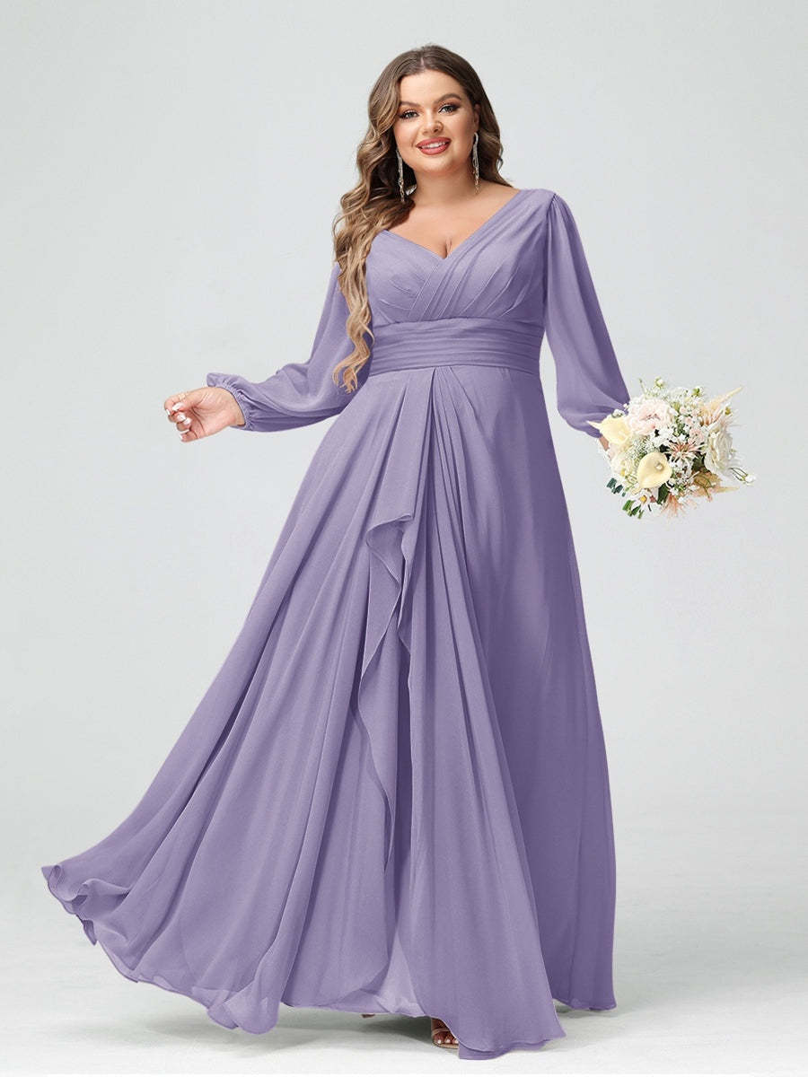 Plus Size Chiffon Bridesmaid Dress with V-Neck, Long Sleeves, and Pockets in A-Line/Princess Style