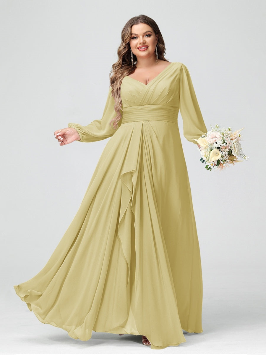 Plus Size Chiffon Bridesmaid Dress with V-Neck, Long Sleeves, and Pockets in A-Line/Princess Style