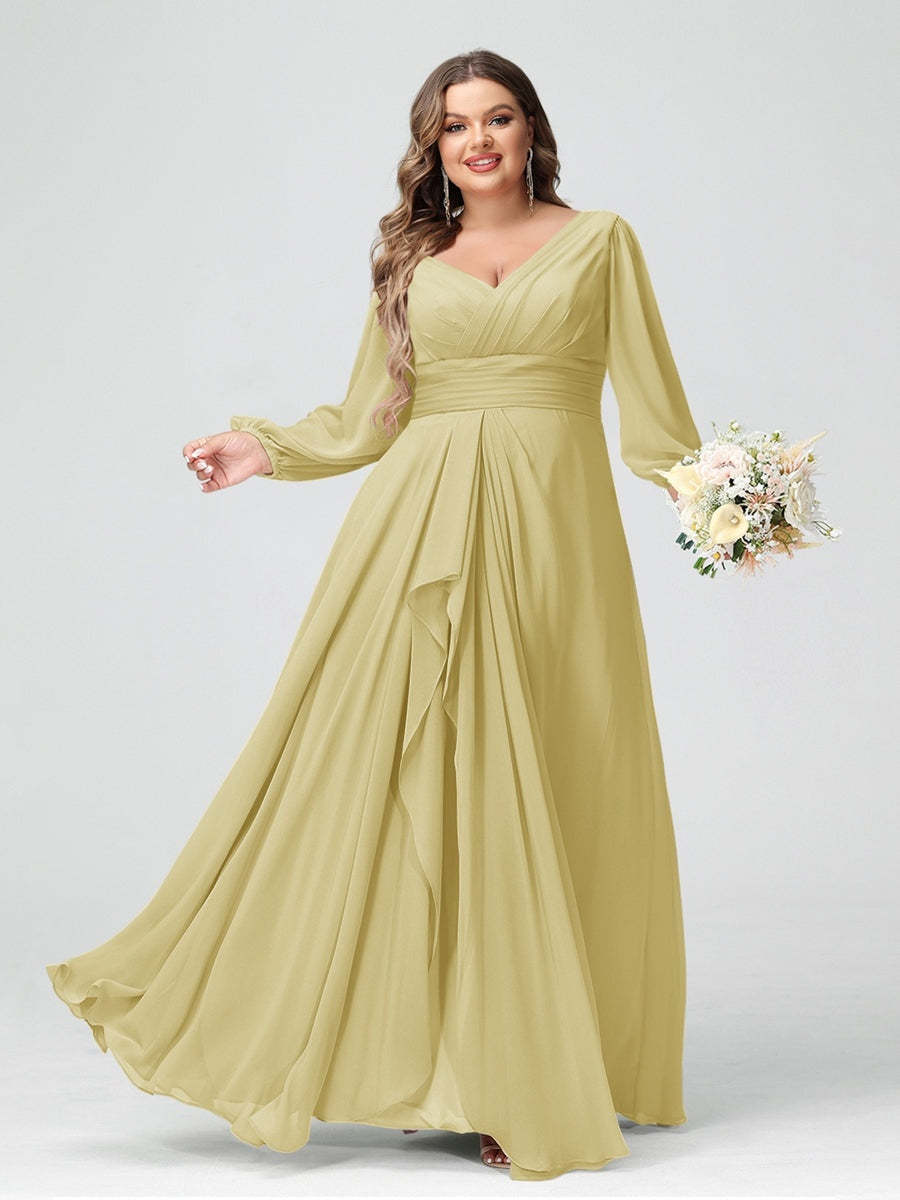 Plus Size Chiffon Bridesmaid Dress with V-Neck, Long Sleeves, and Pockets in A-Line/Princess Style