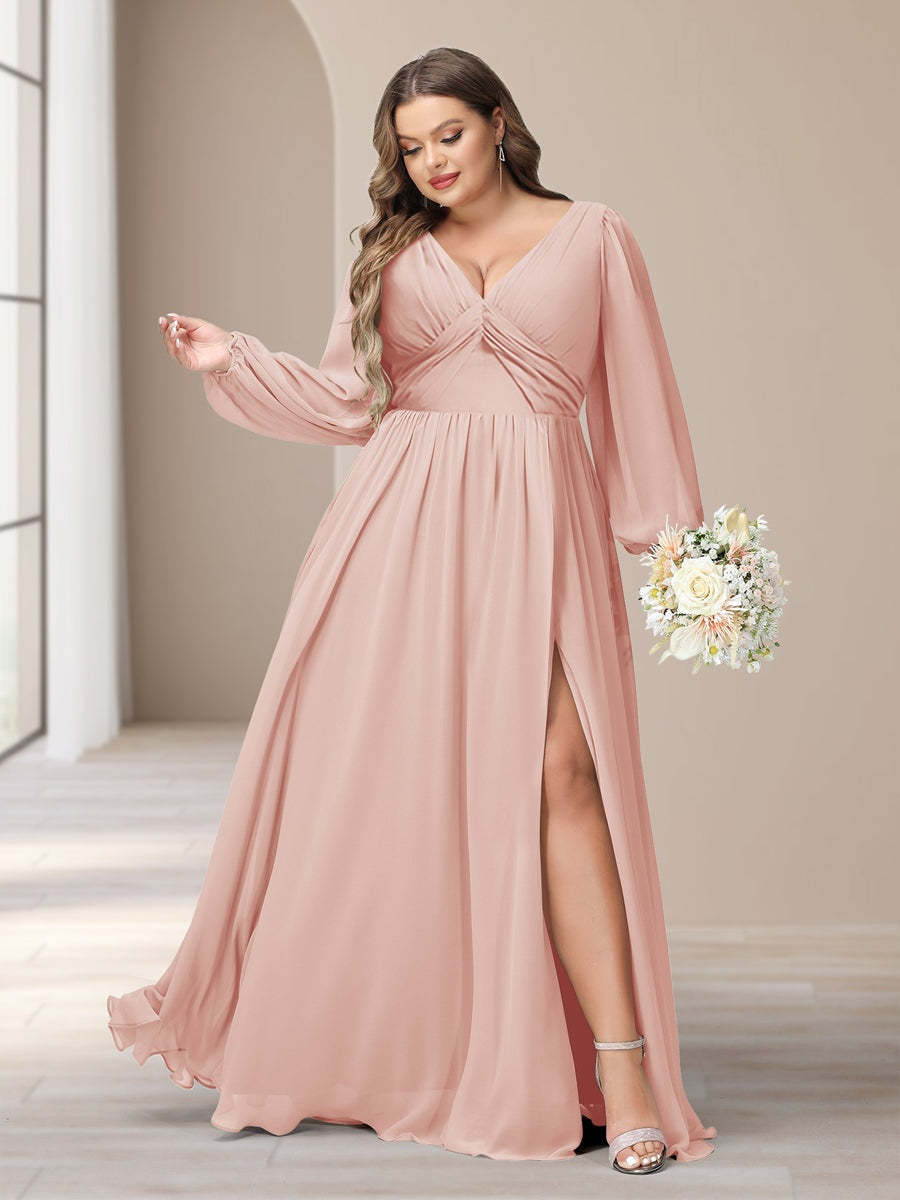 Plus Size Chiffon Bridesmaid Dress with V-Neck and Side Split in A-Line/Princess Style