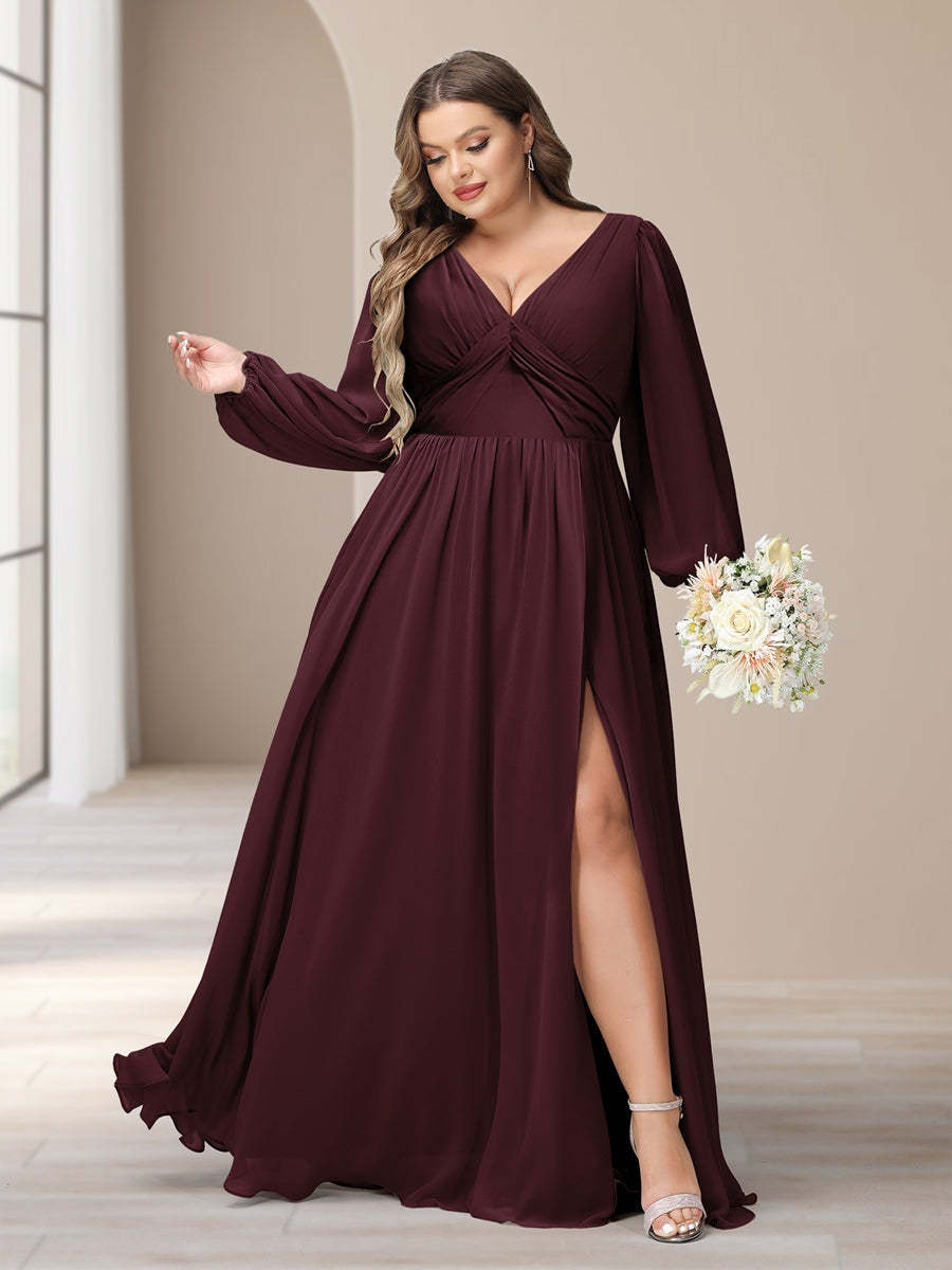 Plus Size Chiffon Bridesmaid Dress with V-Neck and Side Split in A-Line/Princess Style