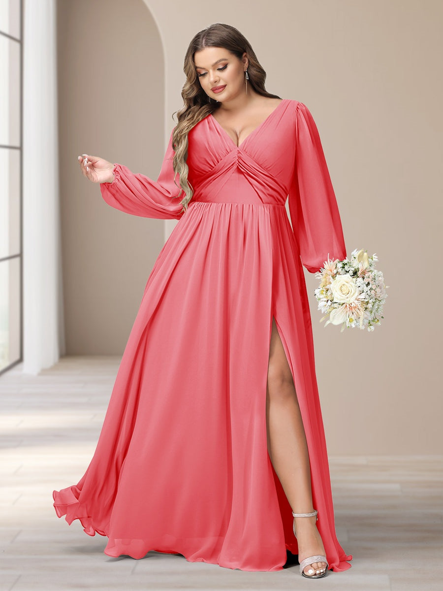 Plus Size Chiffon Bridesmaid Dress with V-Neck and Side Split in A-Line/Princess Style