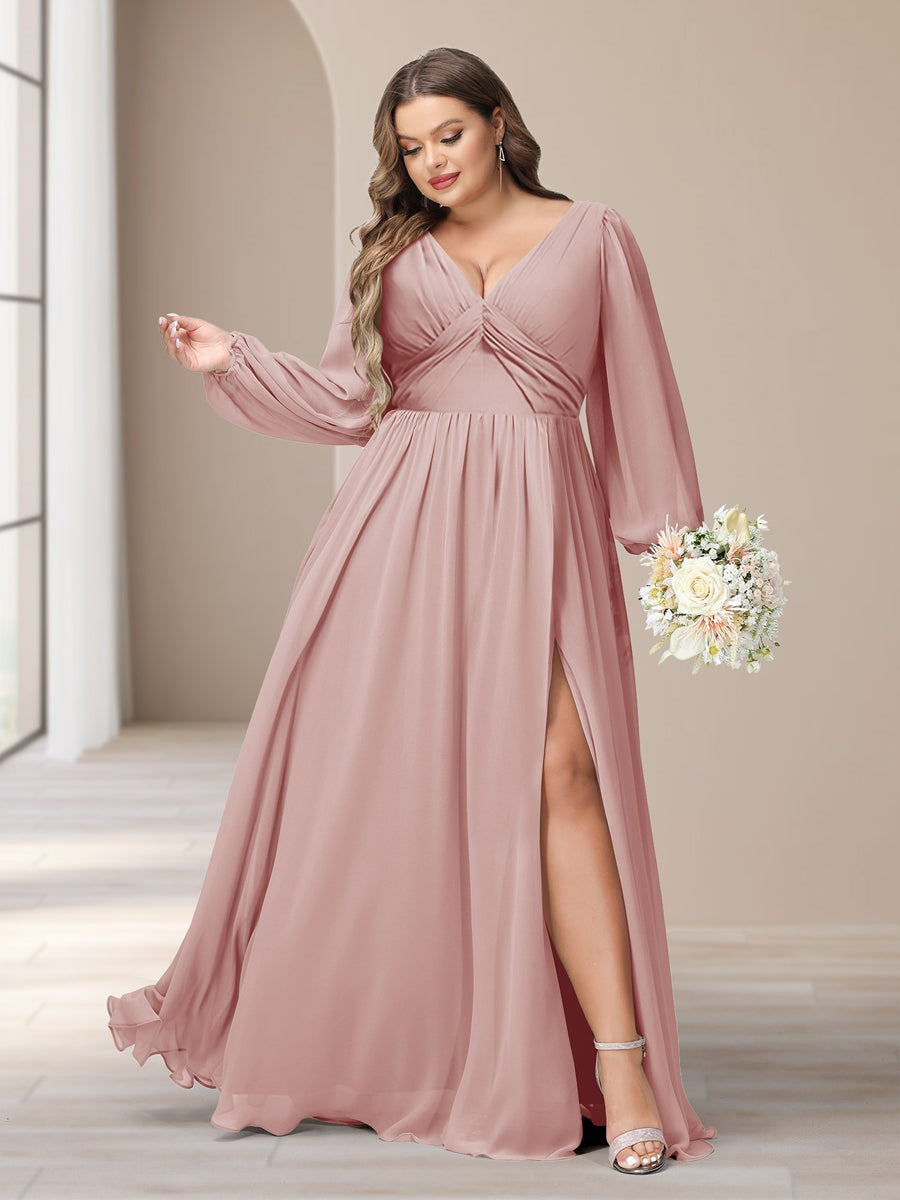 Plus Size Chiffon Bridesmaid Dress with V-Neck and Side Split in A-Line/Princess Style