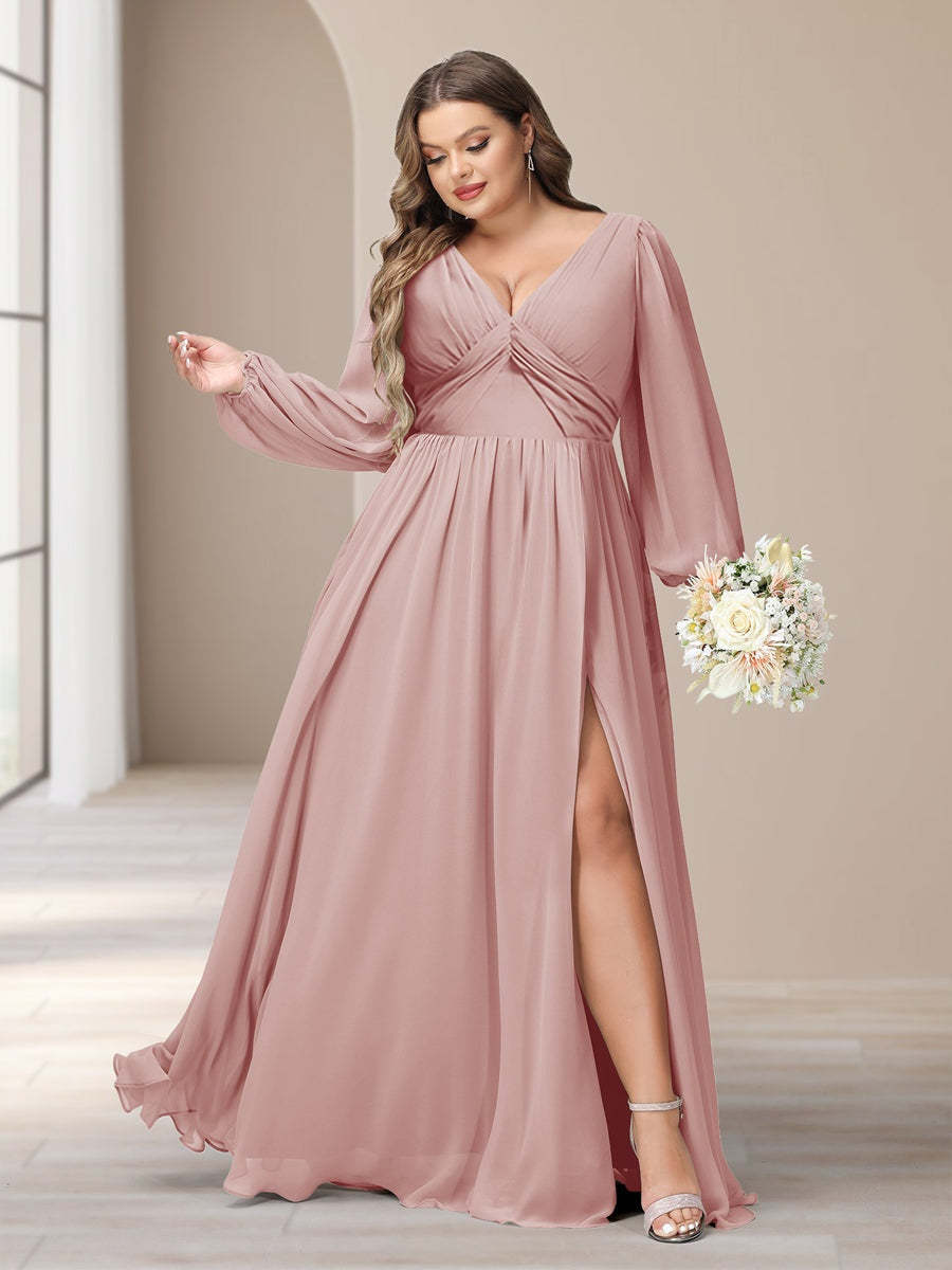 Plus Size Chiffon Bridesmaid Dress with V-Neck and Side Split in A-Line/Princess Style
