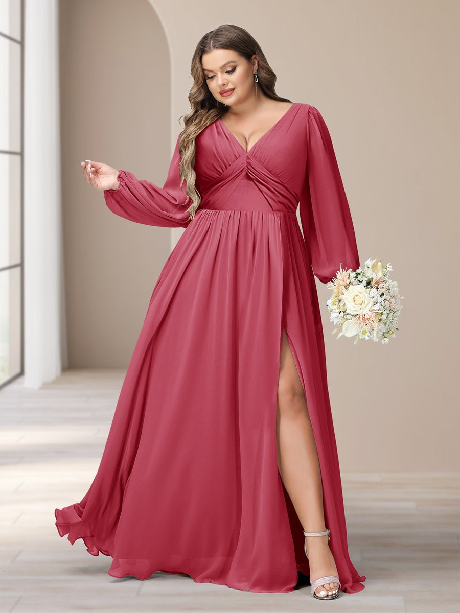 Plus Size Chiffon Bridesmaid Dress with V-Neck and Side Split in A-Line/Princess Style