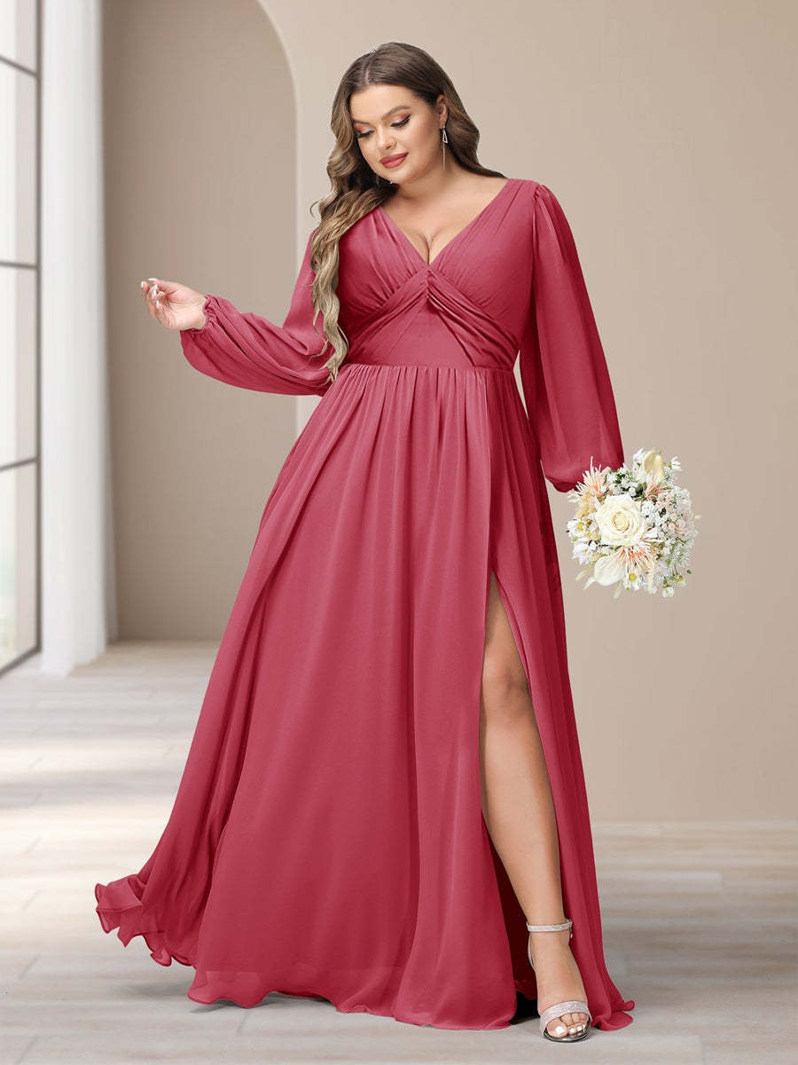 Plus Size Chiffon Bridesmaid Dress with V-Neck and Side Split in A-Line/Princess Style