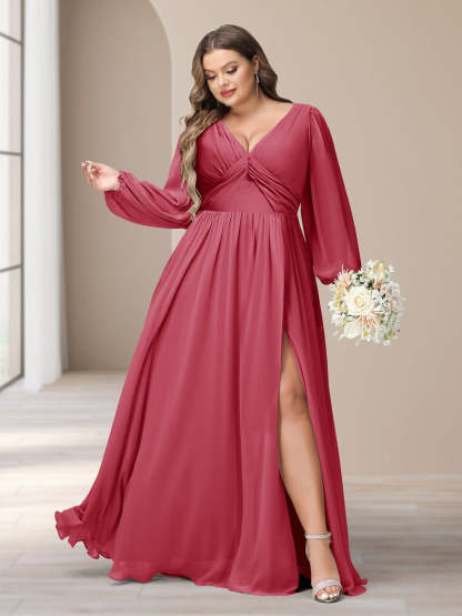 Plus Size Chiffon Bridesmaid Dress with V-Neck and Side Split in A-Line/Princess Style