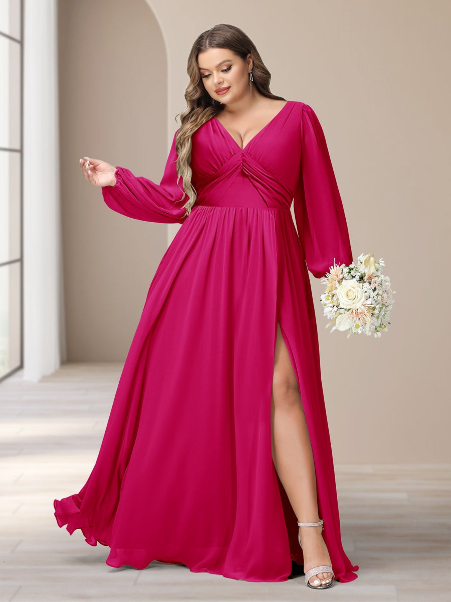 Plus Size Chiffon Bridesmaid Dress with V-Neck and Side Split in A-Line/Princess Style