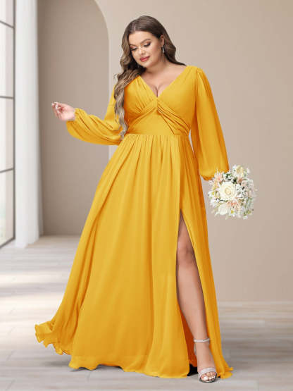 Plus Size Chiffon Bridesmaid Dress with V-Neck and Side Split in A-Line/Princess Style