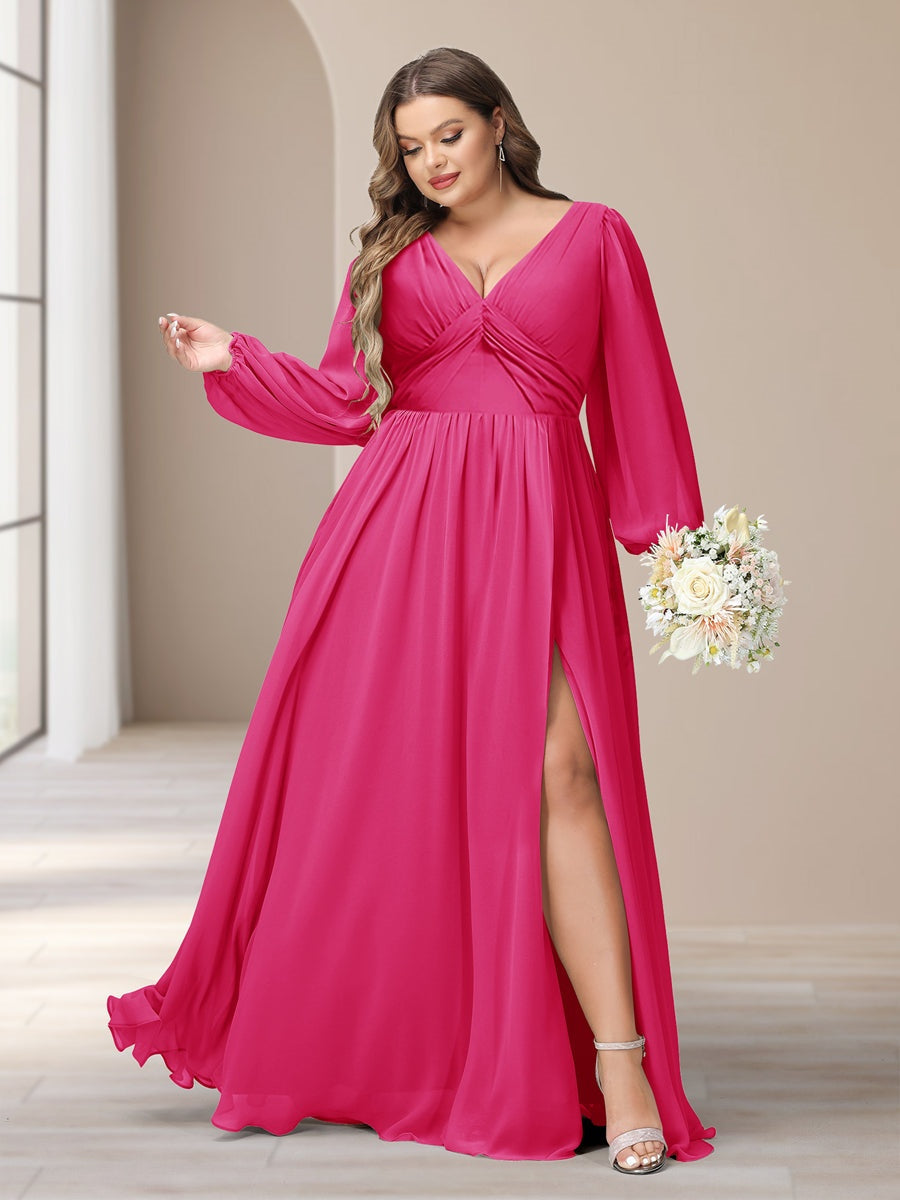 Plus Size Chiffon Bridesmaid Dress with V-Neck and Side Split in A-Line/Princess Style
