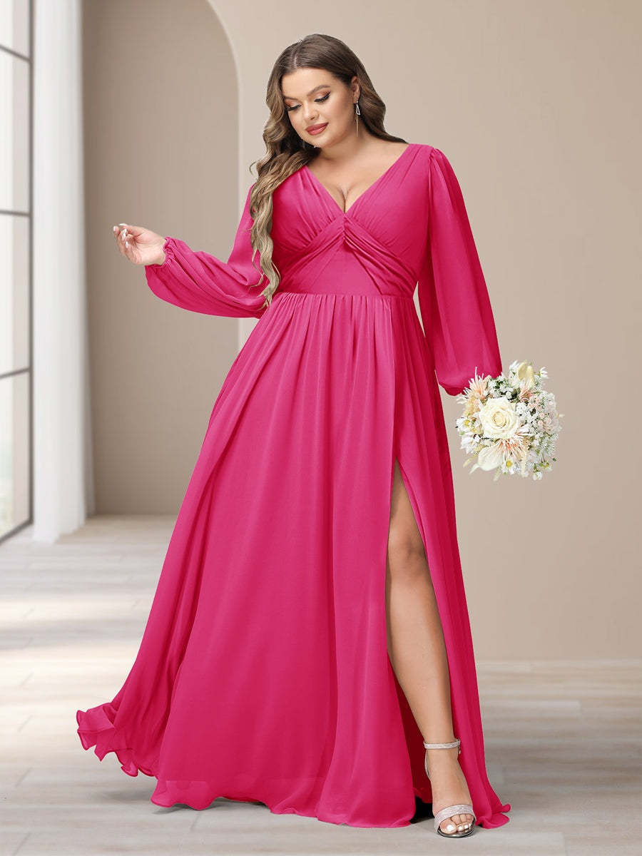 Plus Size Chiffon Bridesmaid Dress with V-Neck and Side Split in A-Line/Princess Style