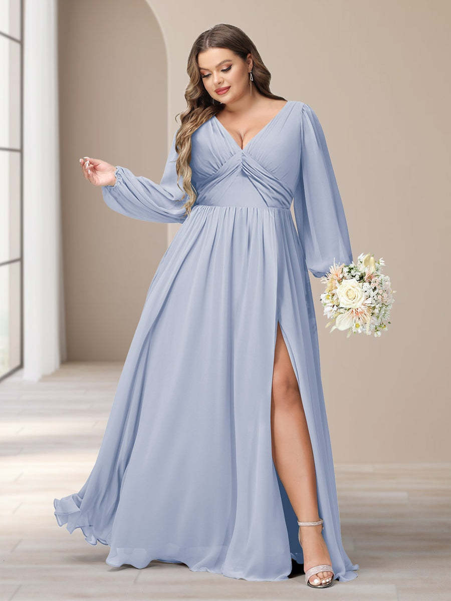 Plus Size Chiffon Bridesmaid Dress with V-Neck and Side Split in A-Line/Princess Style