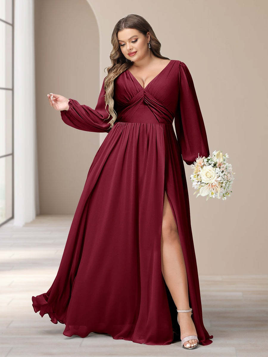Plus Size Chiffon Bridesmaid Dress with V-Neck and Side Split in A-Line/Princess Style
