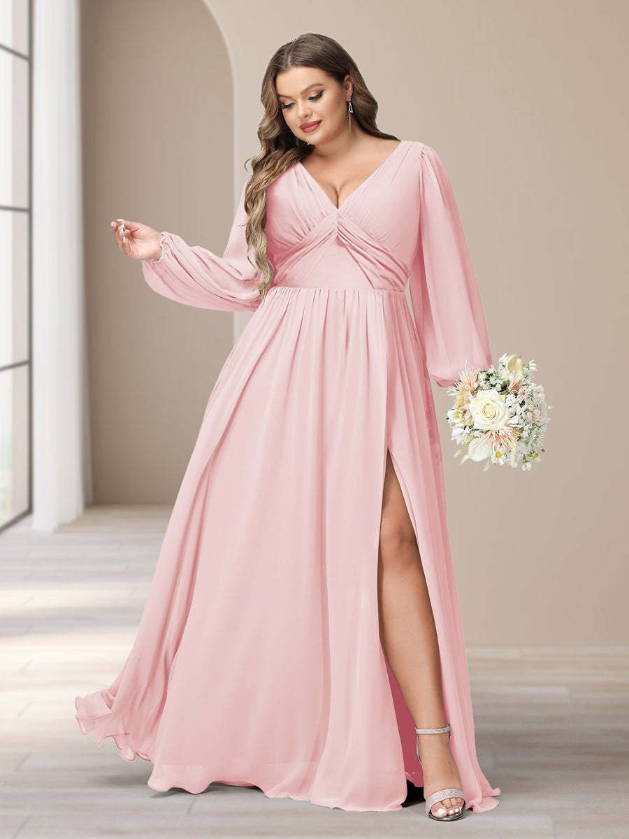 Plus Size Chiffon Bridesmaid Dress with V-Neck and Side Split in A-Line/Princess Style