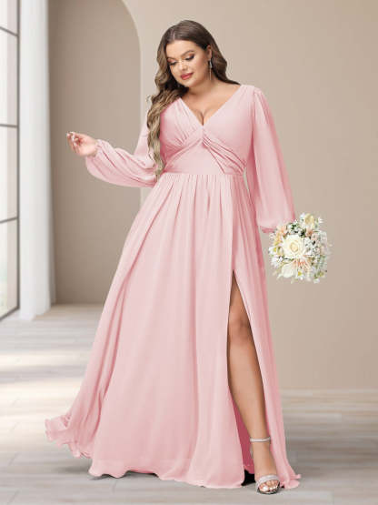 Plus Size Chiffon Bridesmaid Dress with V-Neck and Side Split in A-Line/Princess Style