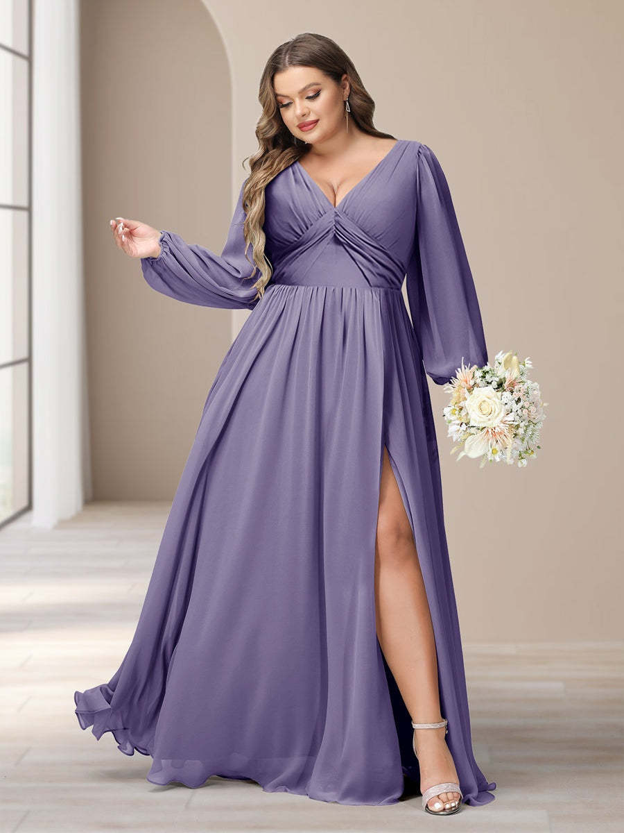 Plus Size Chiffon Bridesmaid Dress with V-Neck and Side Split in A-Line/Princess Style