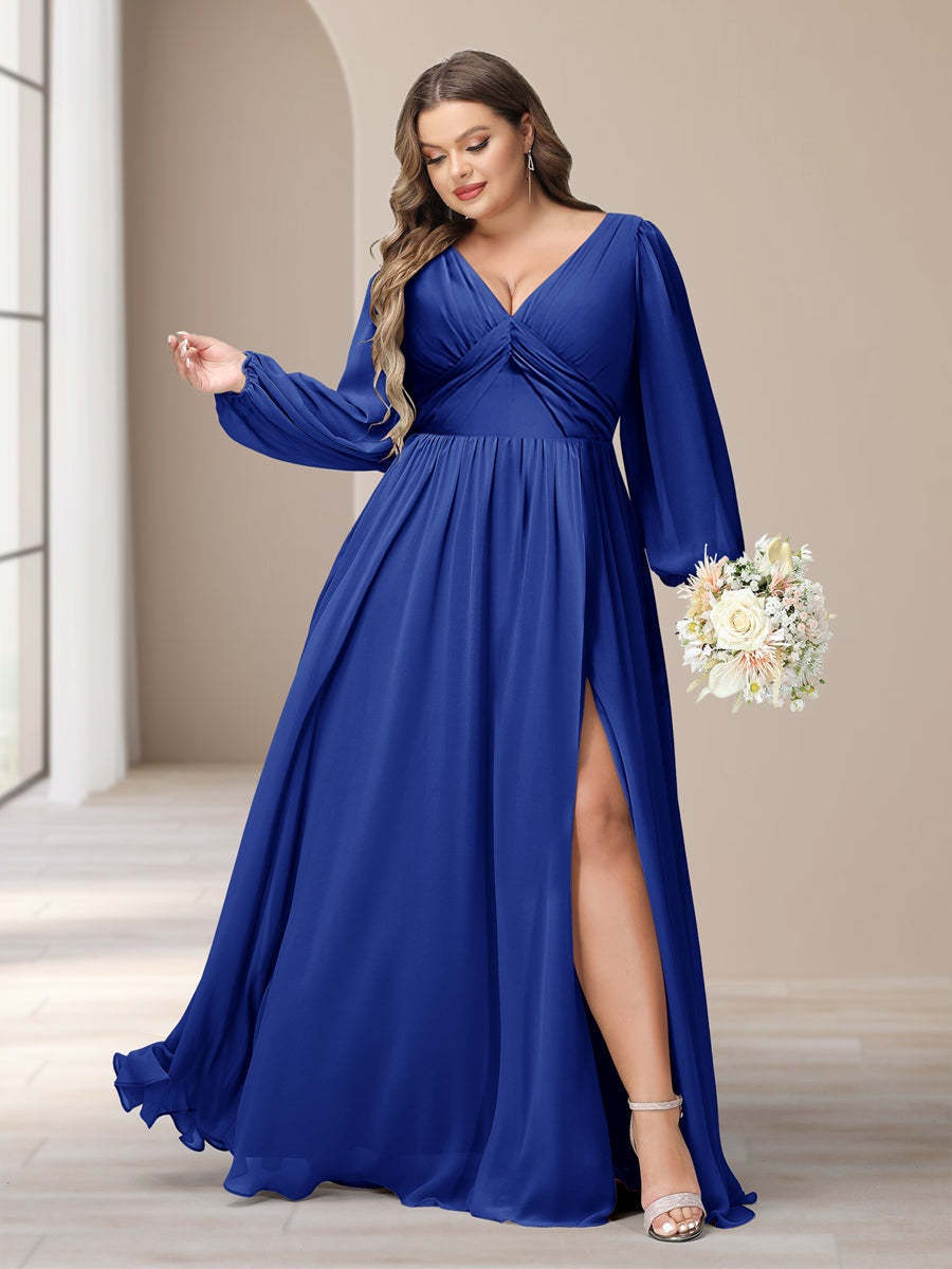 Plus Size Chiffon Bridesmaid Dress with V-Neck and Side Split in A-Line/Princess Style