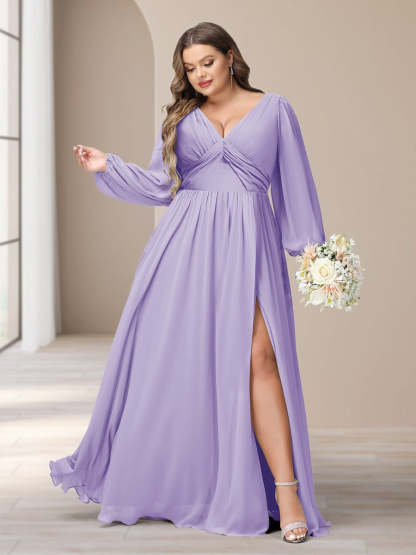 Plus Size Chiffon Bridesmaid Dress with V-Neck and Side Split in A-Line/Princess Style