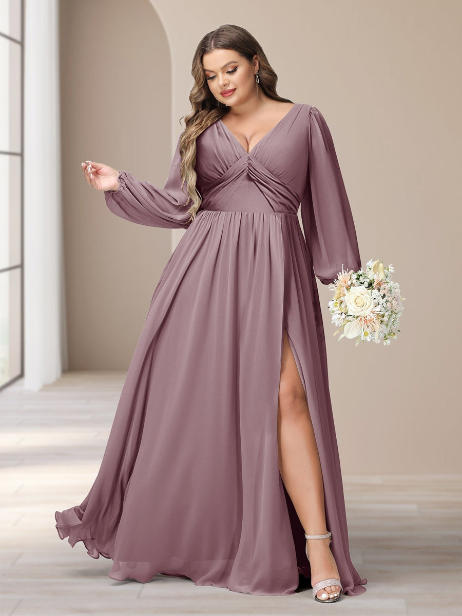 Plus Size Chiffon Bridesmaid Dress with V-Neck and Side Split in A-Line/Princess Style