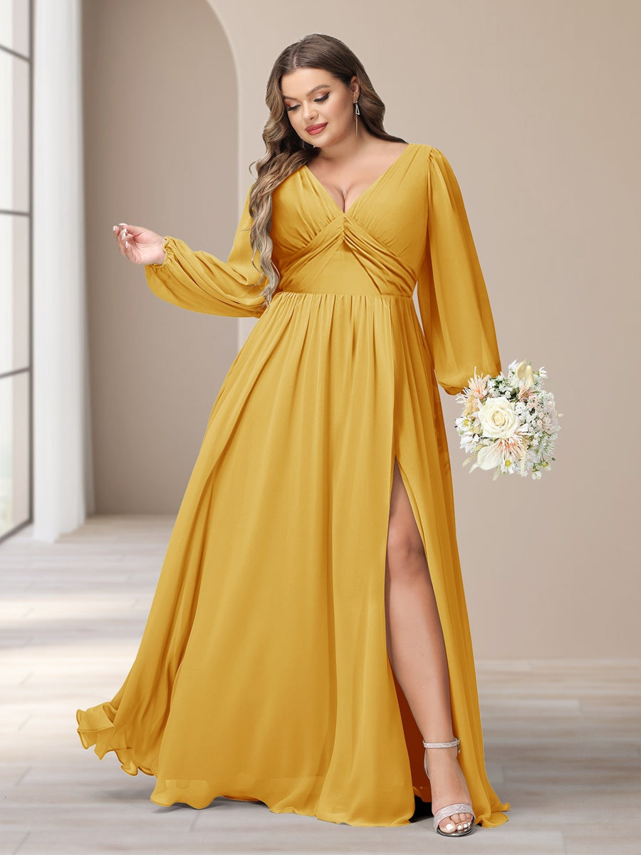Plus Size Chiffon Bridesmaid Dress with V-Neck and Side Split in A-Line/Princess Style