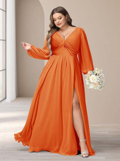 Plus Size Chiffon Bridesmaid Dress with V-Neck and Side Split in A-Line/Princess Style