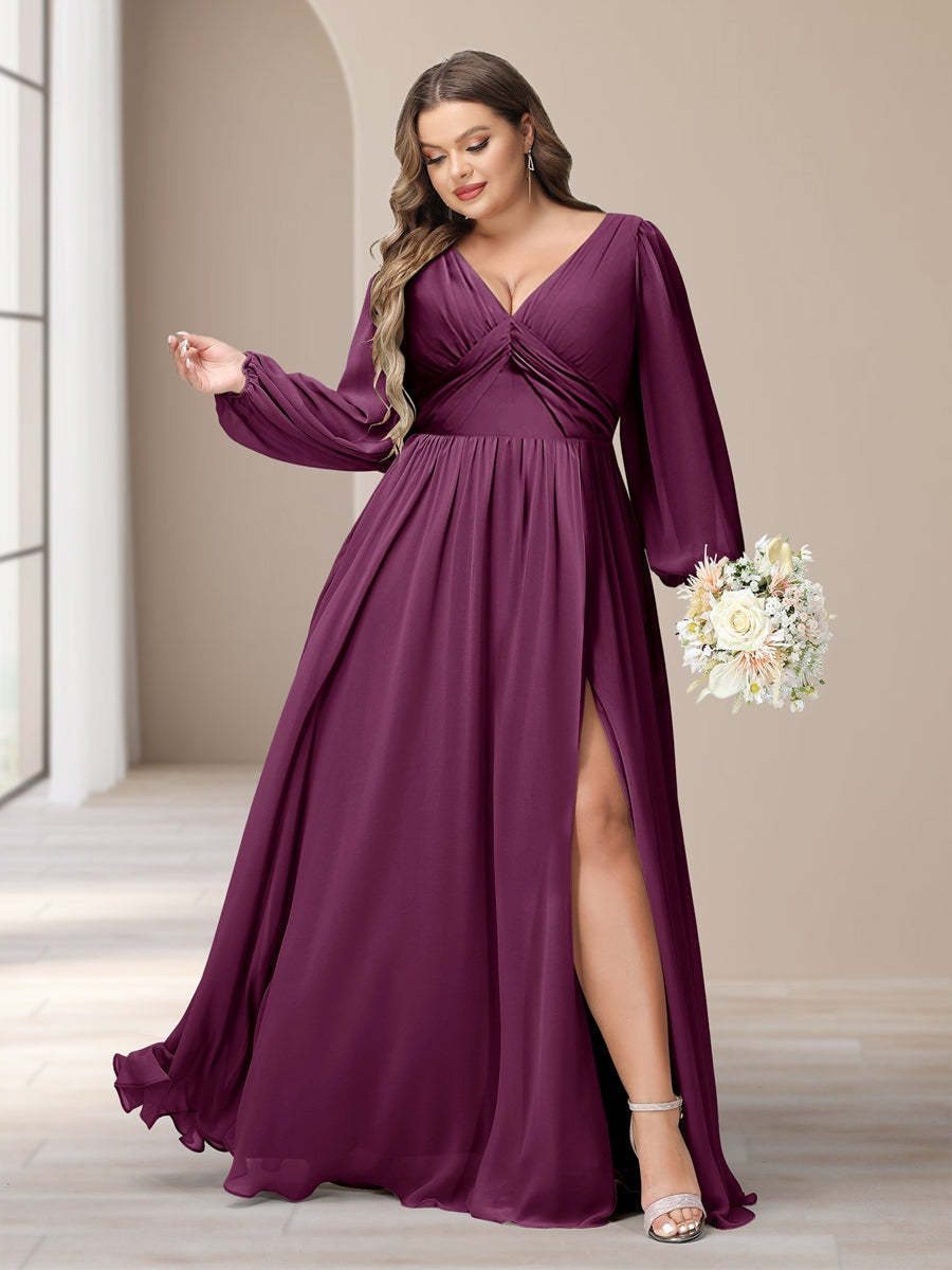 Plus Size Chiffon Bridesmaid Dress with V-Neck and Side Split in A-Line/Princess Style