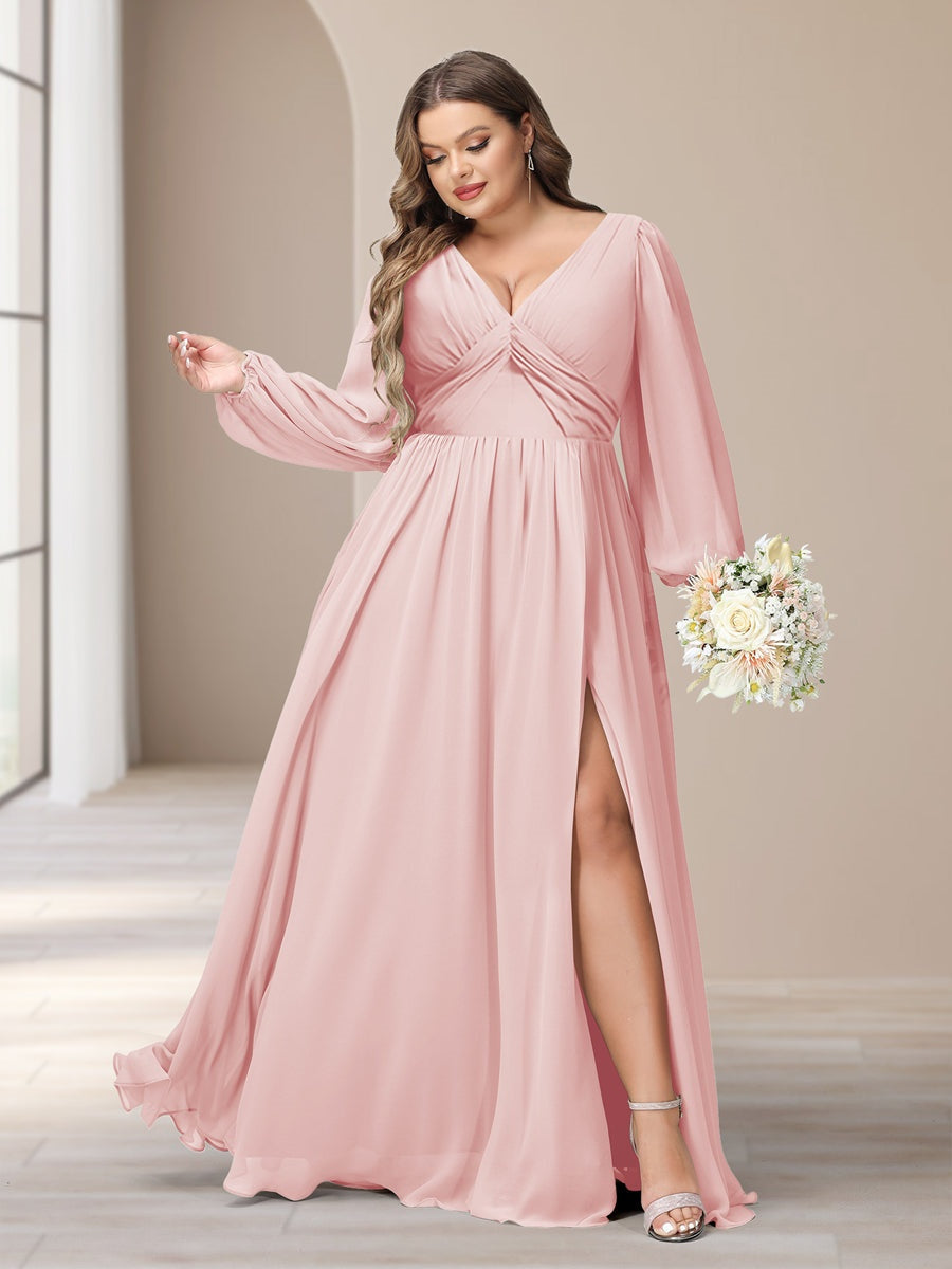 Plus Size Chiffon Bridesmaid Dress with V-Neck and Side Split in A-Line/Princess Style