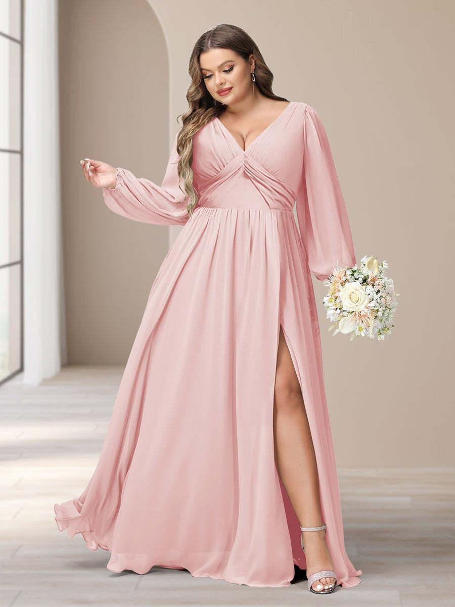 Plus Size Chiffon Bridesmaid Dress with V-Neck and Side Split in A-Line/Princess Style