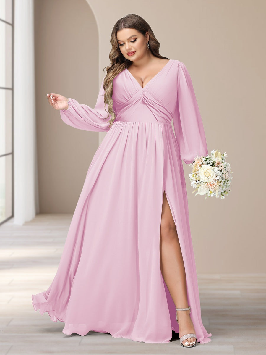 Plus Size Chiffon Bridesmaid Dress with V-Neck and Side Split in A-Line/Princess Style