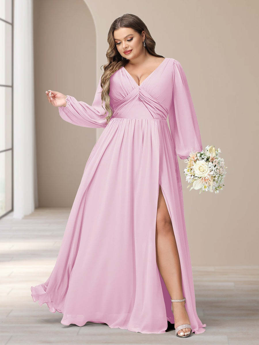 Plus Size Chiffon Bridesmaid Dress with V-Neck and Side Split in A-Line/Princess Style