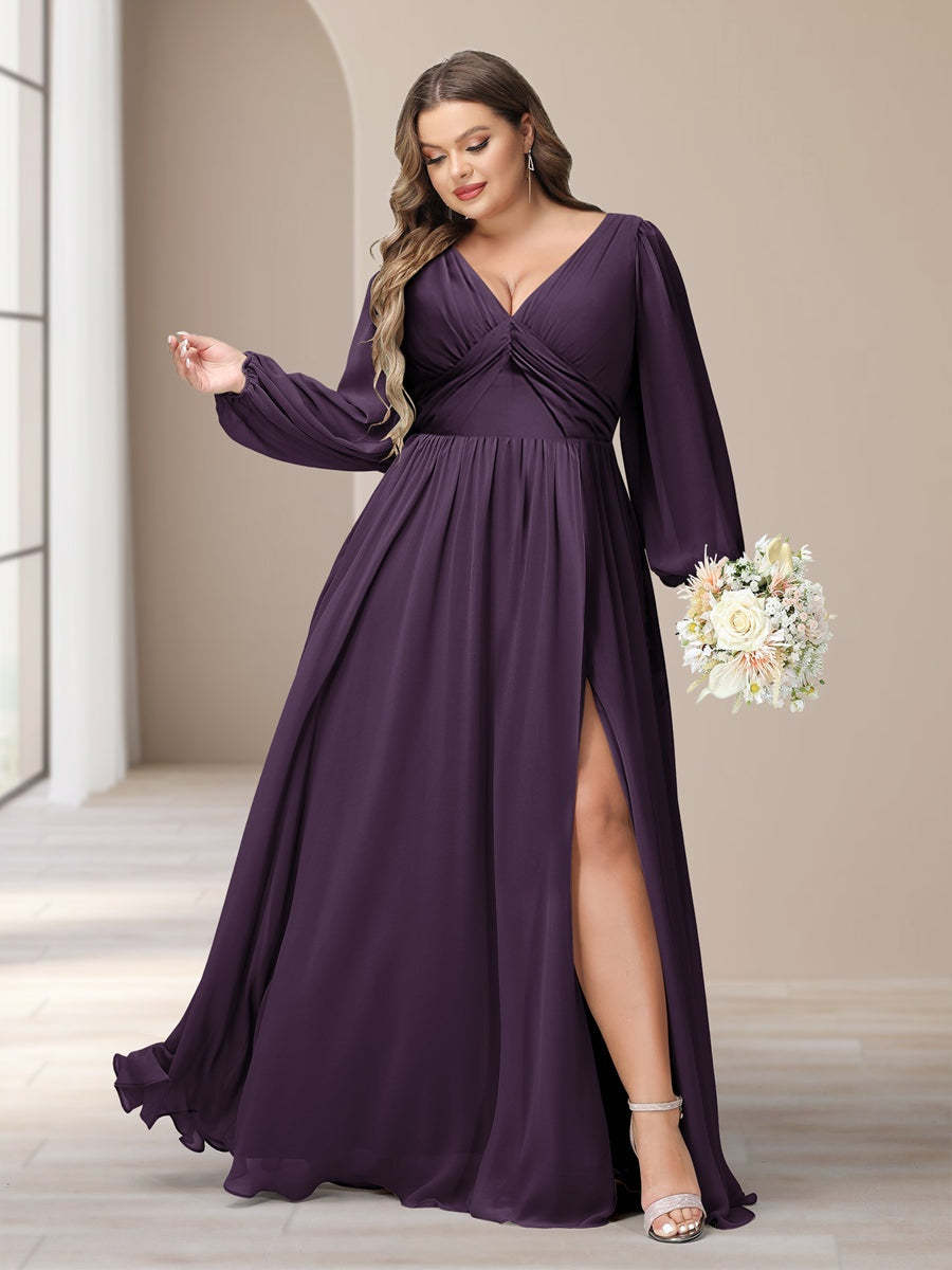 Plus Size Chiffon Bridesmaid Dress with V-Neck and Side Split in A-Line/Princess Style