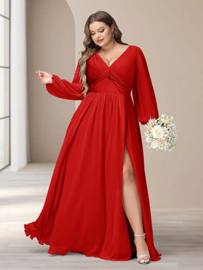 Plus Size Chiffon Bridesmaid Dress with V-Neck and Side Split in A-Line/Princess Style