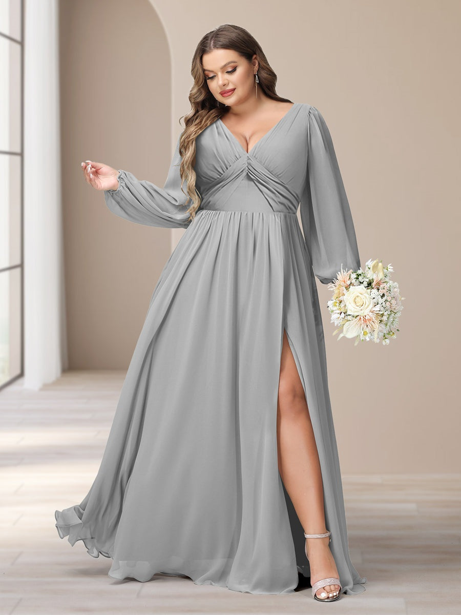 Plus Size Chiffon Bridesmaid Dress with V-Neck and Side Split in A-Line/Princess Style