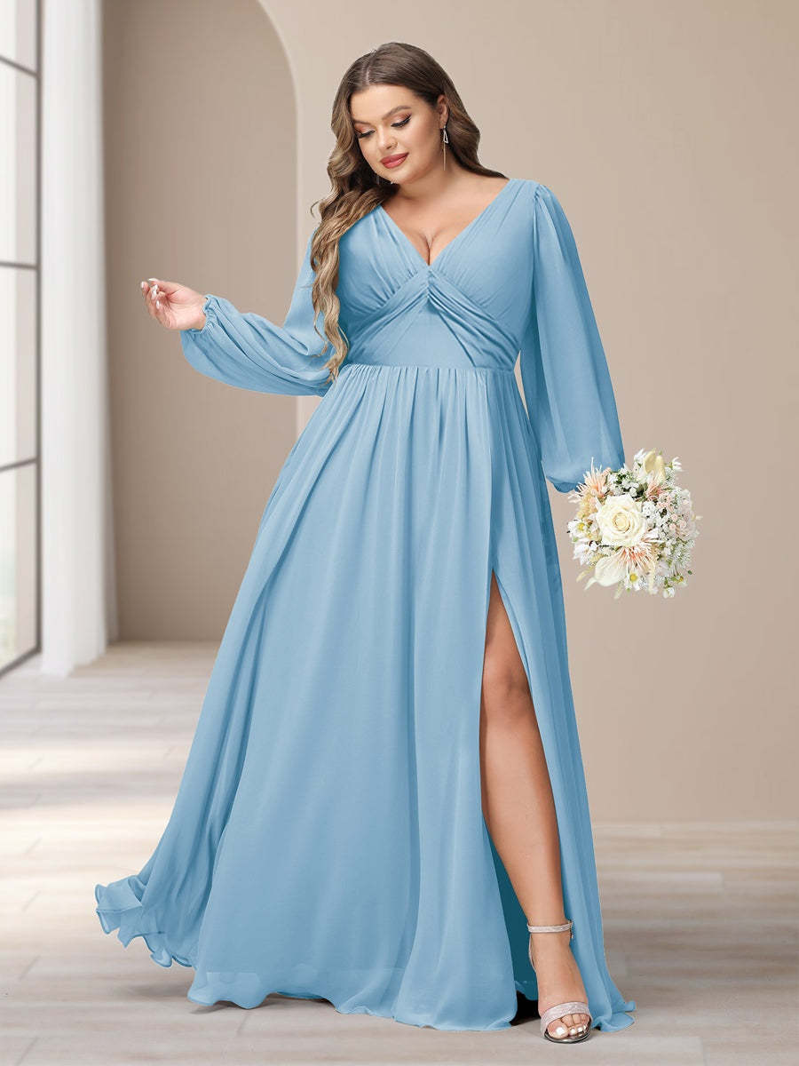 Plus Size Chiffon Bridesmaid Dress with V-Neck and Side Split in A-Line/Princess Style