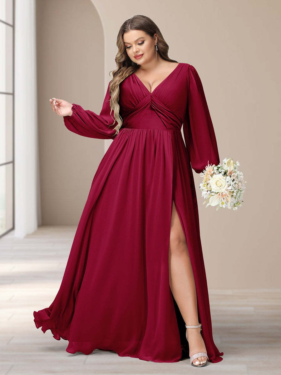 Plus Size Chiffon Bridesmaid Dress with V-Neck and Side Split in A-Line/Princess Style