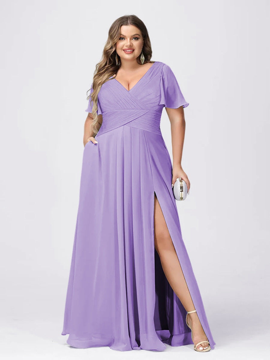 Plus Size V-Neck A-Line Bridesmaid Dress with Side Split and Short Sleeves