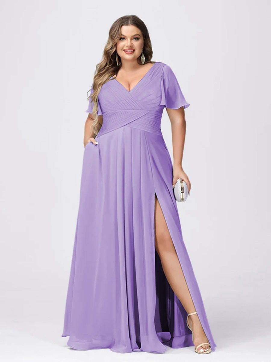 Plus Size V-Neck Princess A-Line Bridesmaid Dress with Side Split and Short Sleeves