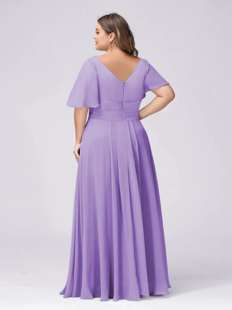 Plus Size V-Neck A-Line Bridesmaid Dress with Side Split and Short Sleeves