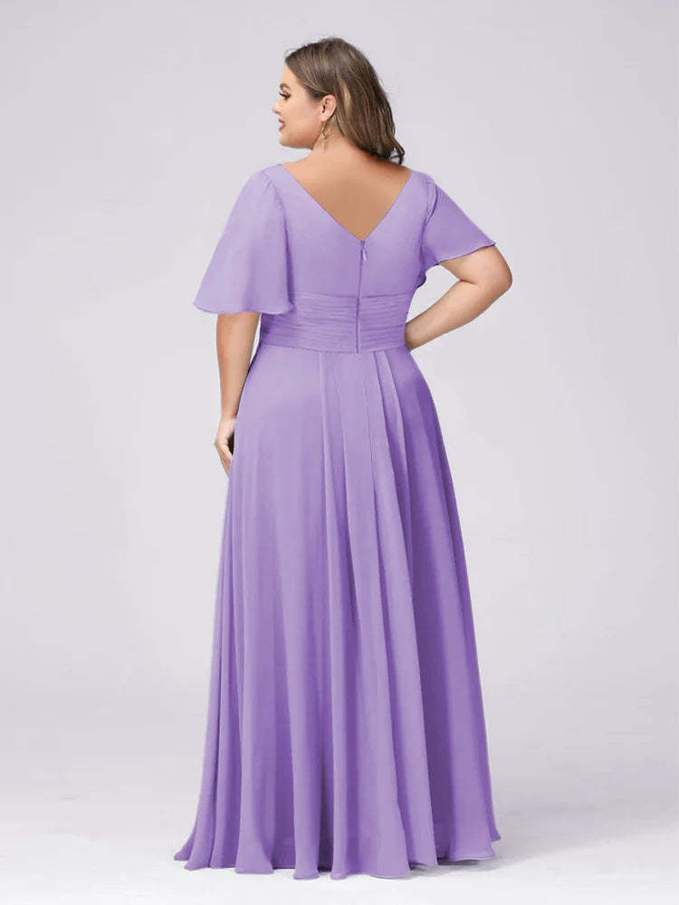 Plus Size V-Neck Princess A-Line Bridesmaid Dress with Side Split and Short Sleeves