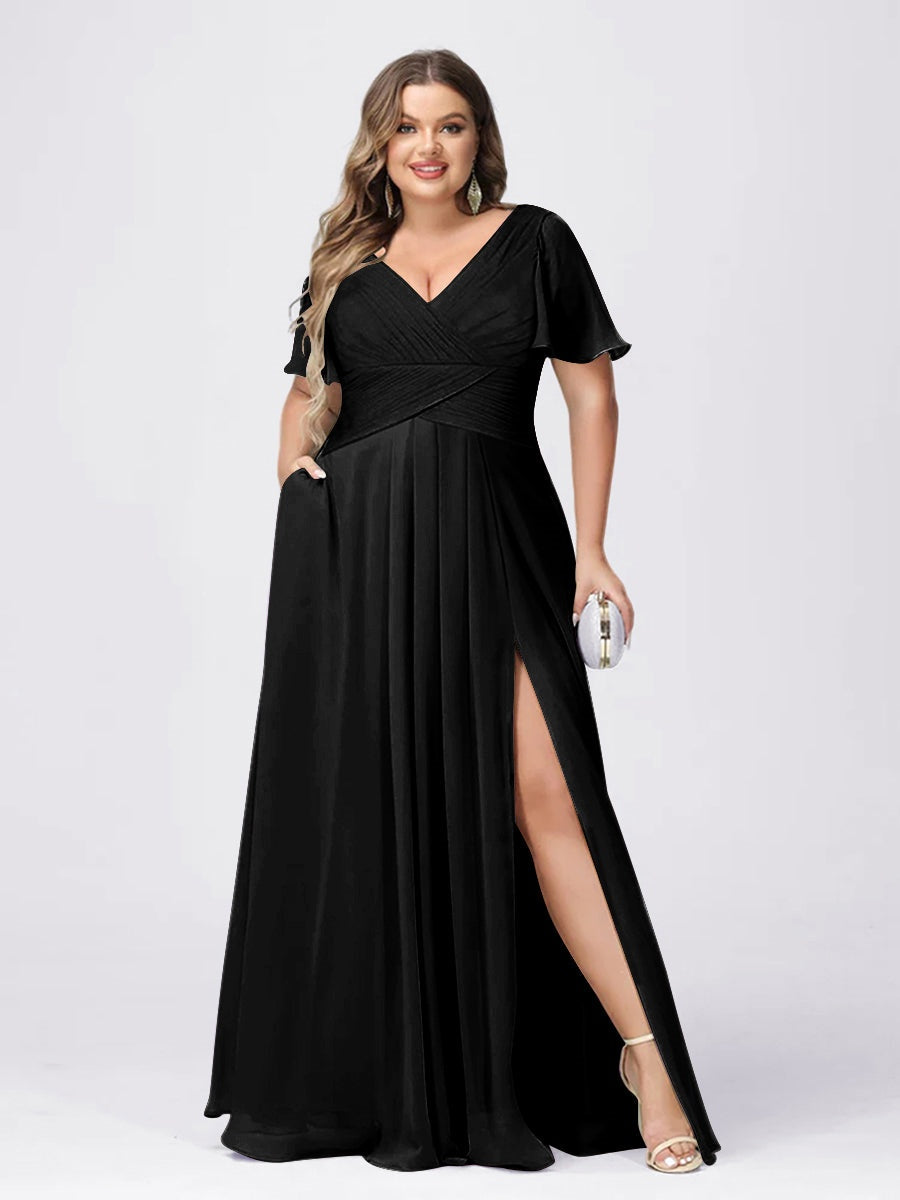 Plus Size V-Neck Princess A-Line Bridesmaid Dress with Side Split and Short Sleeves