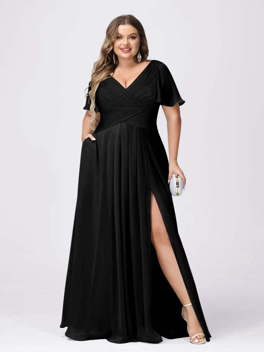 Plus Size V-Neck Princess A-Line Bridesmaid Dress with Side Split and Short Sleeves