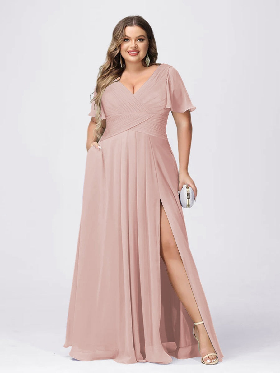 Plus Size V-Neck Princess A-Line Bridesmaid Dress with Side Split and Short Sleeves
