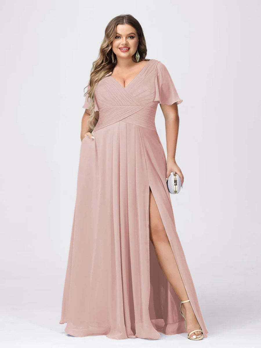 Plus Size V-Neck Princess A-Line Bridesmaid Dress with Side Split and Short Sleeves