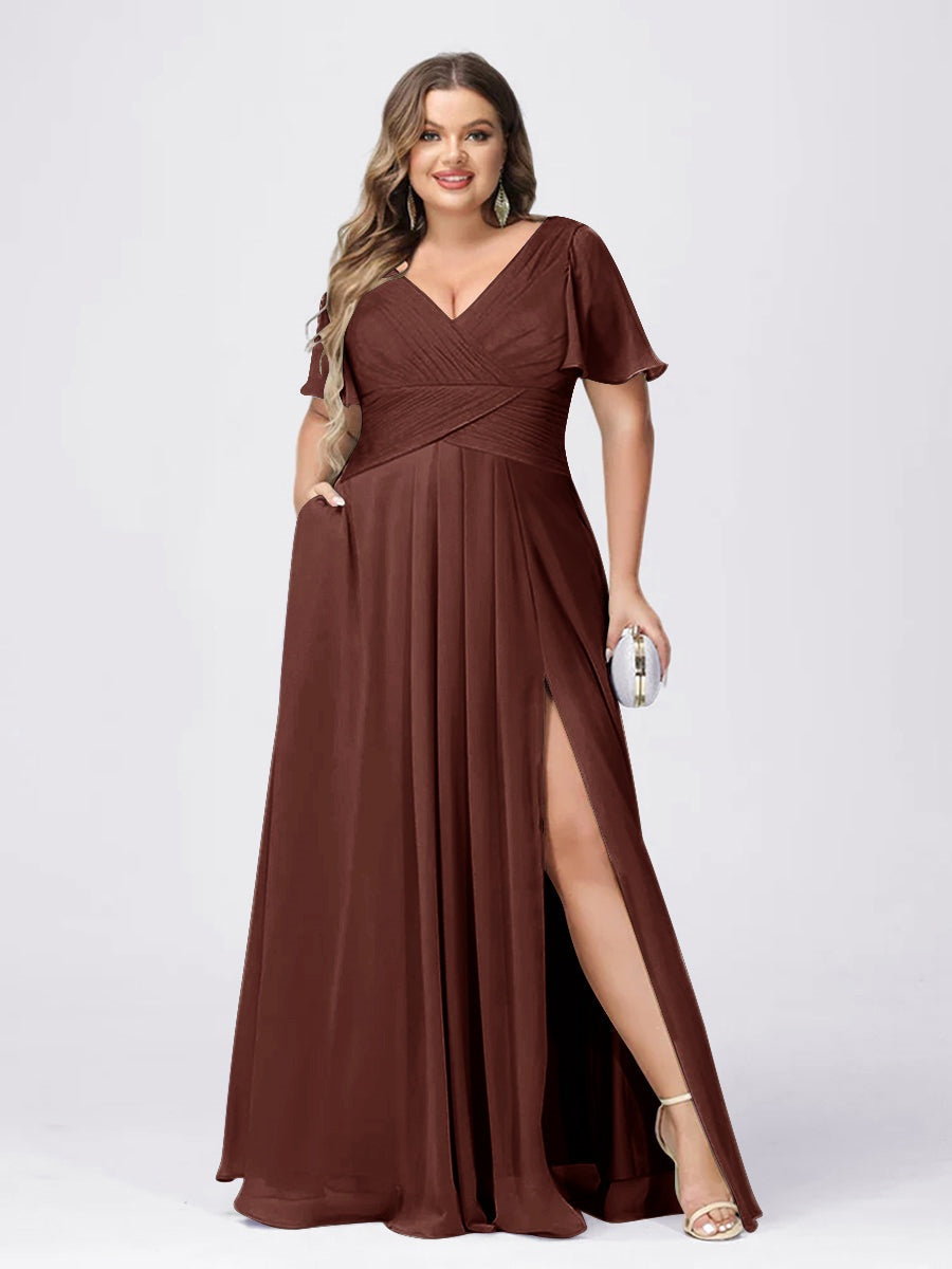 Plus Size V-Neck Princess A-Line Bridesmaid Dress with Side Split and Short Sleeves