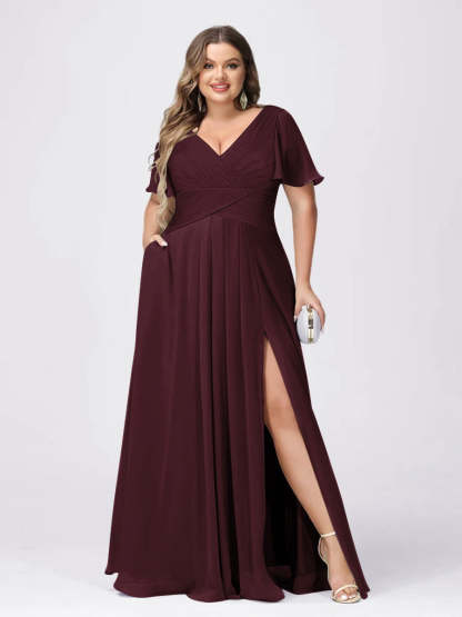 Plus Size V-Neck Princess A-Line Bridesmaid Dress with Side Split and Short Sleeves