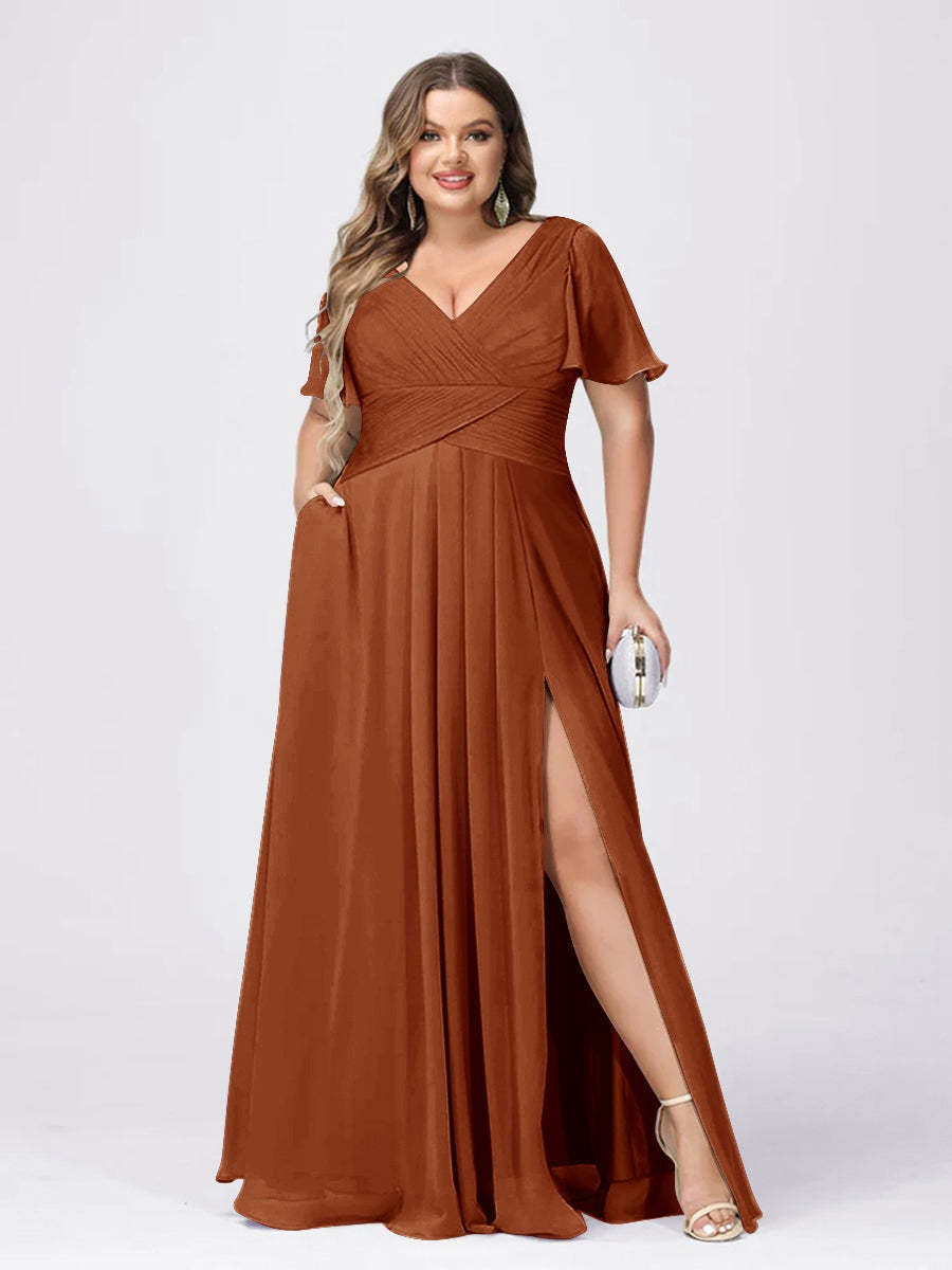 Plus Size V-Neck Princess A-Line Bridesmaid Dress with Side Split and Short Sleeves