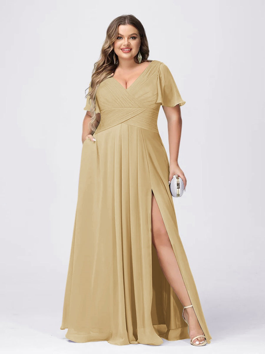 Plus Size V-Neck Princess A-Line Bridesmaid Dress with Side Split and Short Sleeves