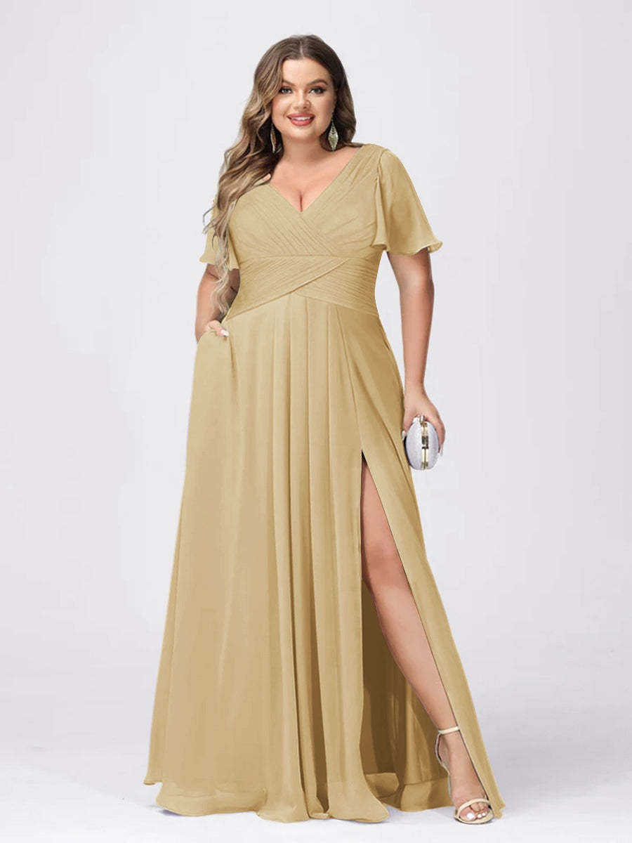 Plus Size V-Neck Princess A-Line Bridesmaid Dress with Side Split and Short Sleeves