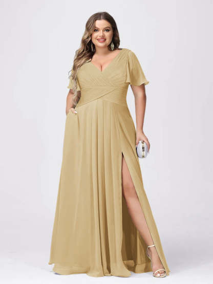 Plus Size V-Neck Princess A-Line Bridesmaid Dress with Side Split and Short Sleeves